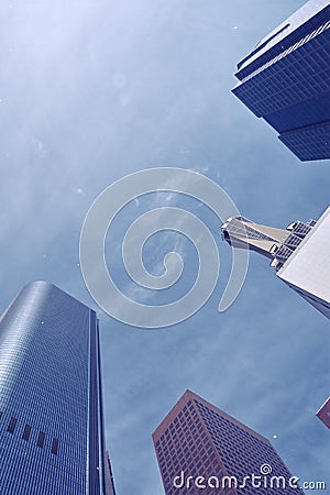 Vertical Low Wide-angle shot of skyscrapers, business buildings in downtownÂ USA. Stock Photo